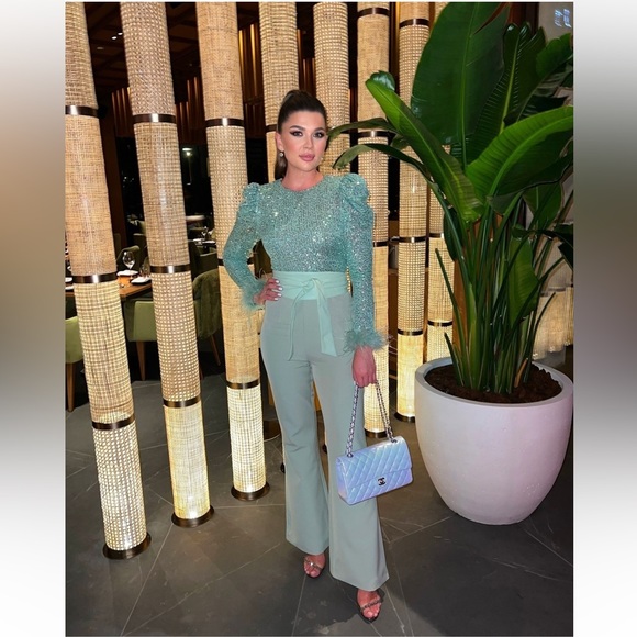 NEW SEASON Lavish Alice feather and sequin embellished jumpsuit in sage - Picture 3 of 14